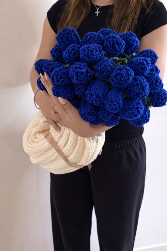 Crochet Flower Dark Blue Rose Bouquet Blanket